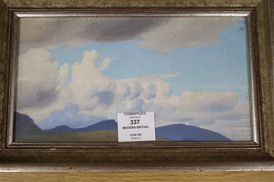 Modern British, oil on canvas board, clouds over mountains, 5.5 x 10in.